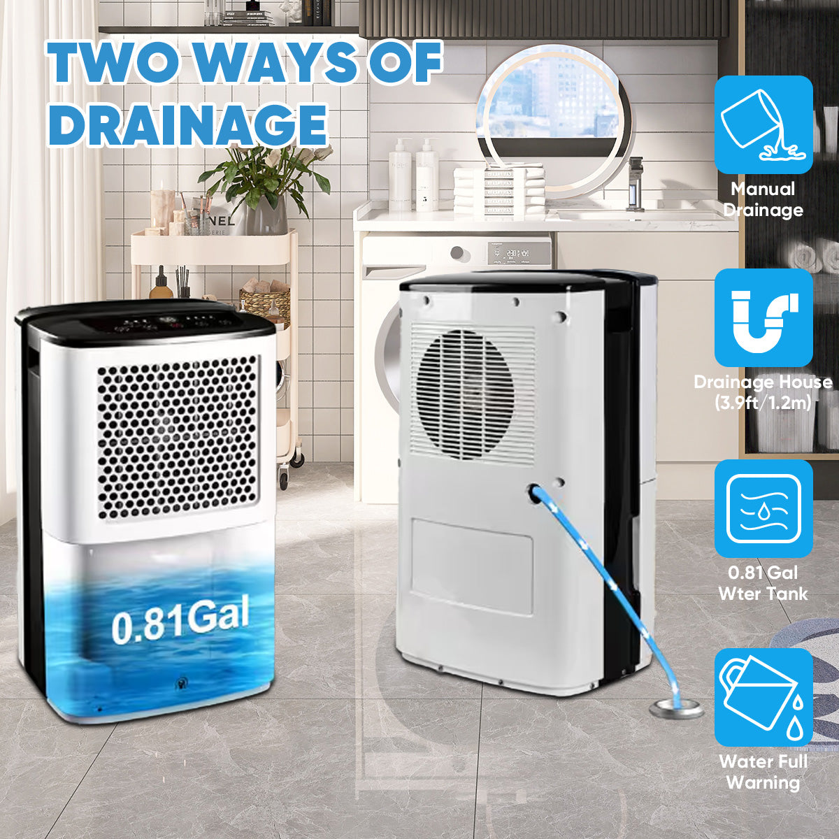 XIC Dehumidifier,50 Pt. 2,000 Sq. Ft. Dehumidifier With Bucket And Drain Hose With Auto Defrost, Dehumidifier For For Basement, Garage, Bathroom, RV, Closet, Bedroom With Auto Shut Off, Dehumidifiers For Home 24H Timer In White