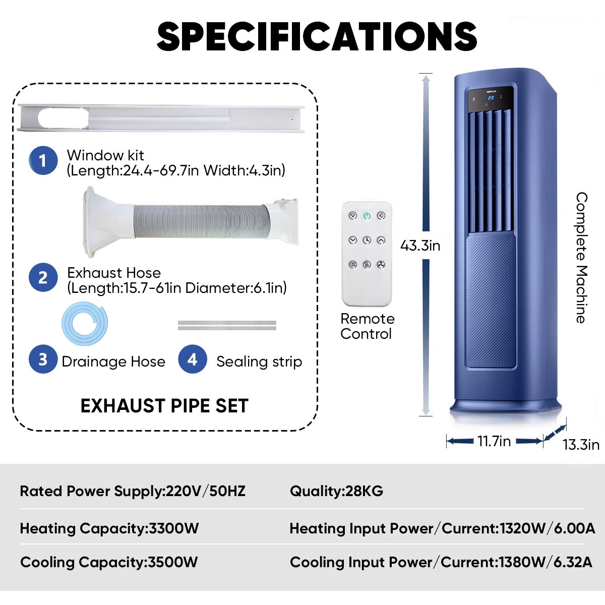 XIC Blue Vented Portable Air Conditioner With Heater With Remote Cools 900-Sq Ft Portable Air Conditioning Fan, Portable Floor Standing Bladeless Air Conditioning Fan For Office, Dormitory, Bedroom, Living Room, Camping, Car