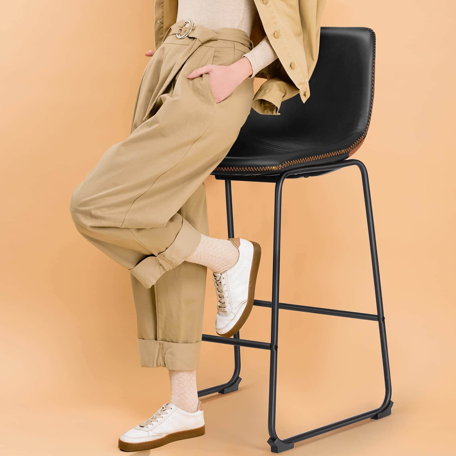 JOYFINITY 26 inch Armless Industrial Faux Leather Barstools with Metal Legs and Footrest, Dining Chairs for Home Office Kitchen Island