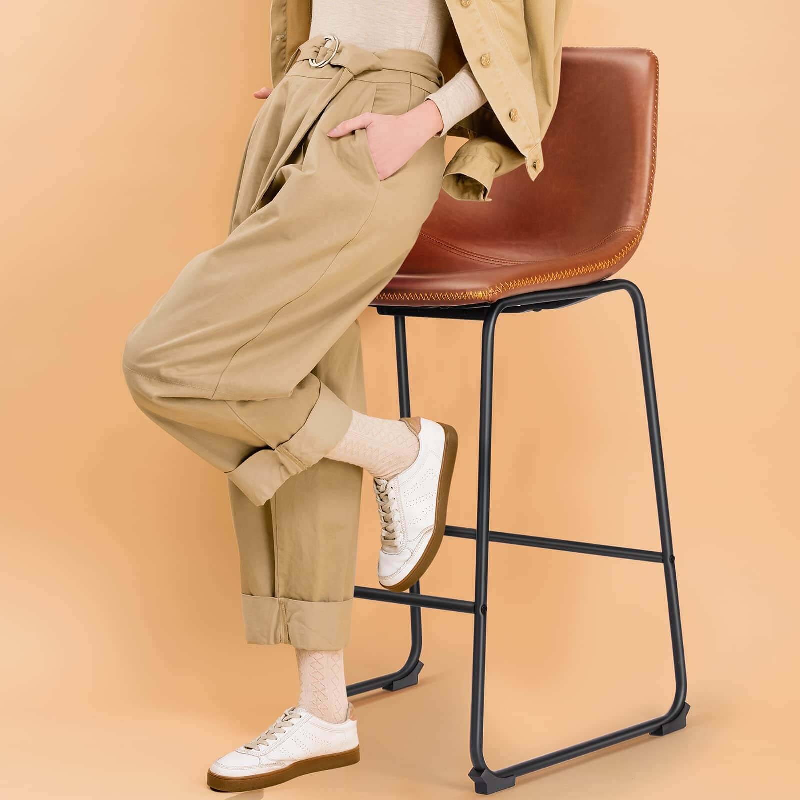 JOYFINITY 26 inch Armless Industrial Faux Leather Barstools with Metal Legs and Footrest, Dining Chairs for Home Office Kitchen Island