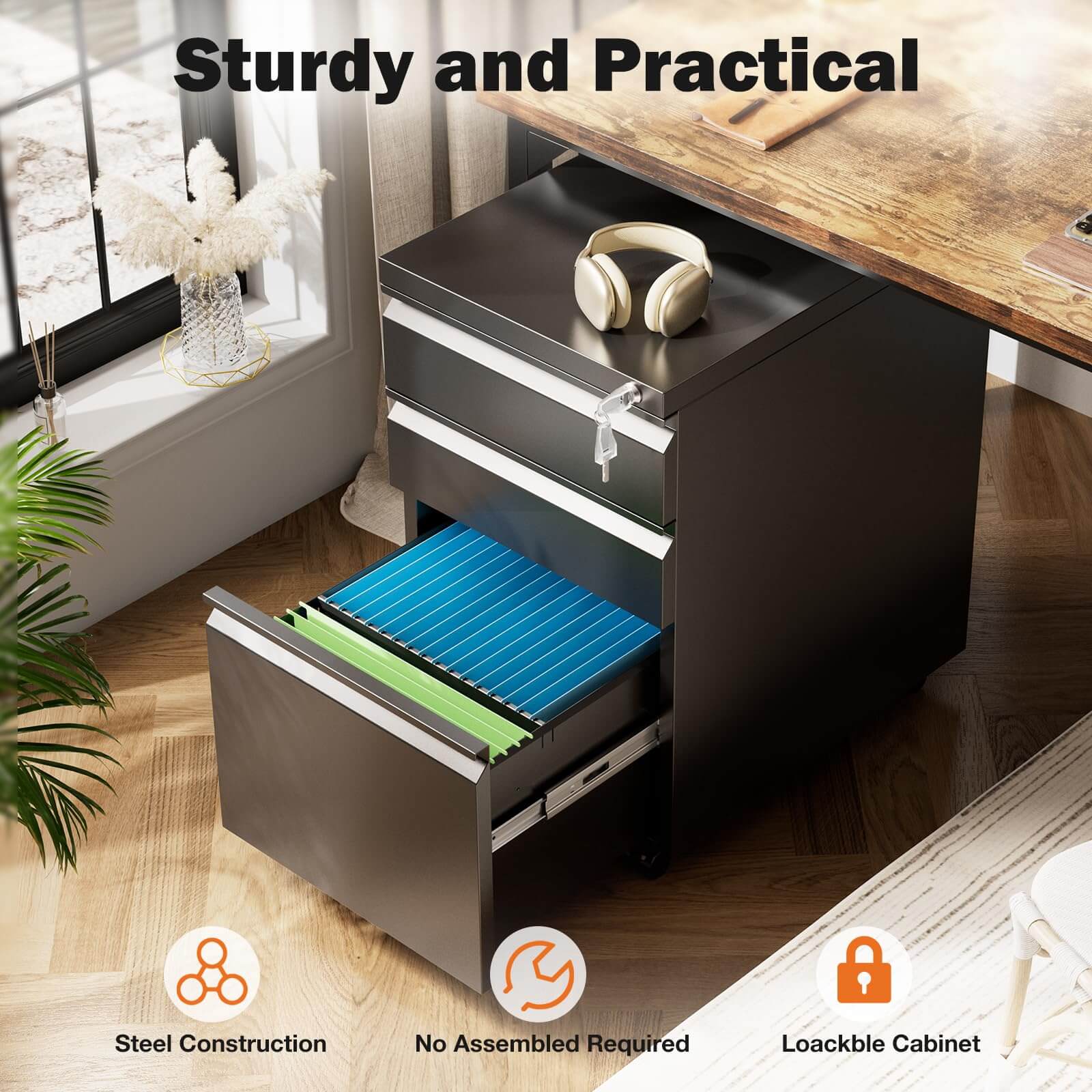 JOYFINITY 3 Drawer Mobile Rolling File Cabinet With Lock For Home Office