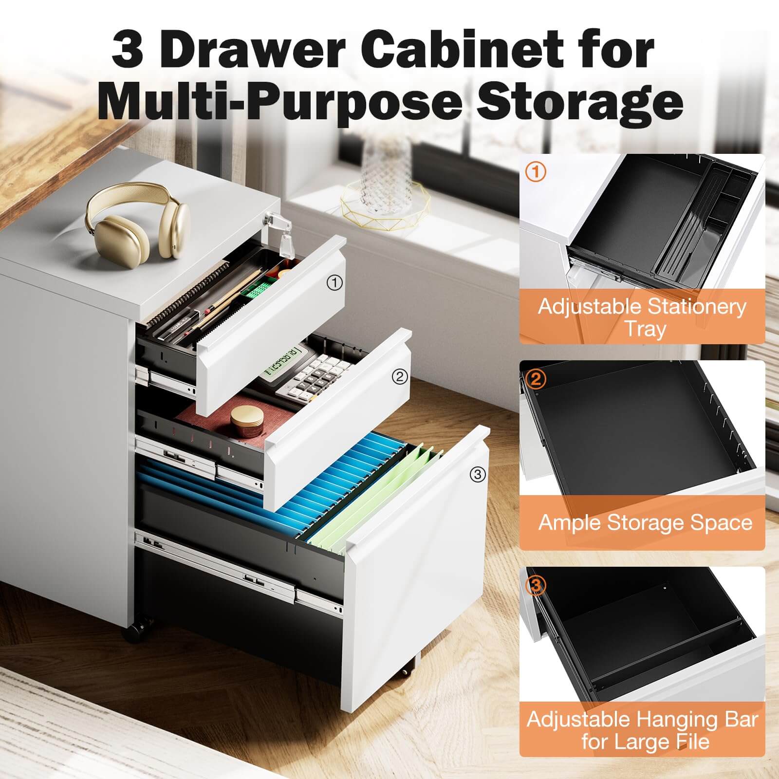 JOYFINITY 3 Drawer Mobile Rolling File Cabinet With Lock For Home Office