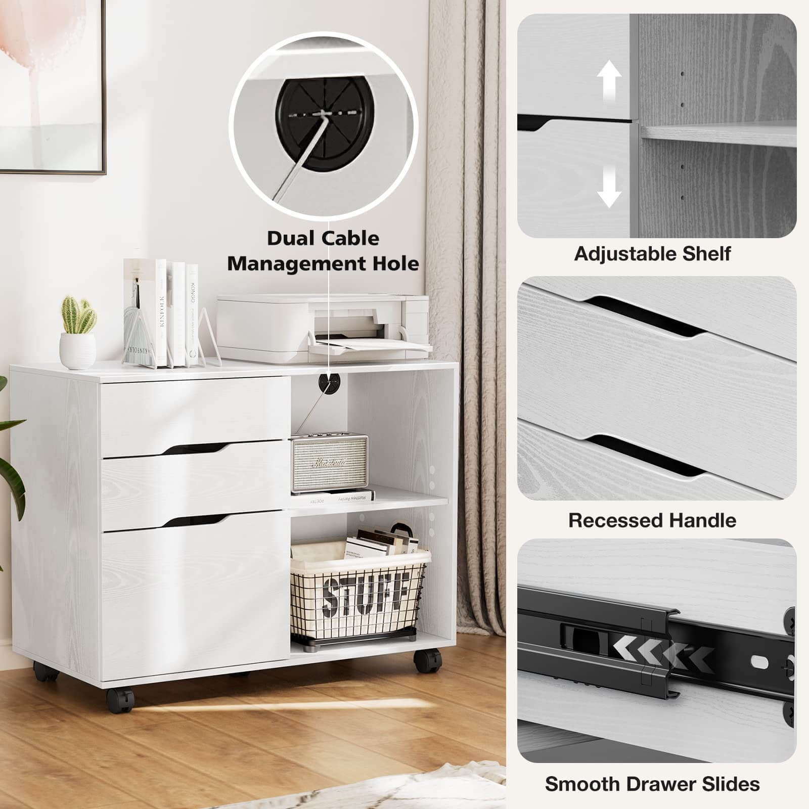 JOYFINITY 3 Drawer Mobile Rolling Lateral File Cabinet For Home Office And Kids Room