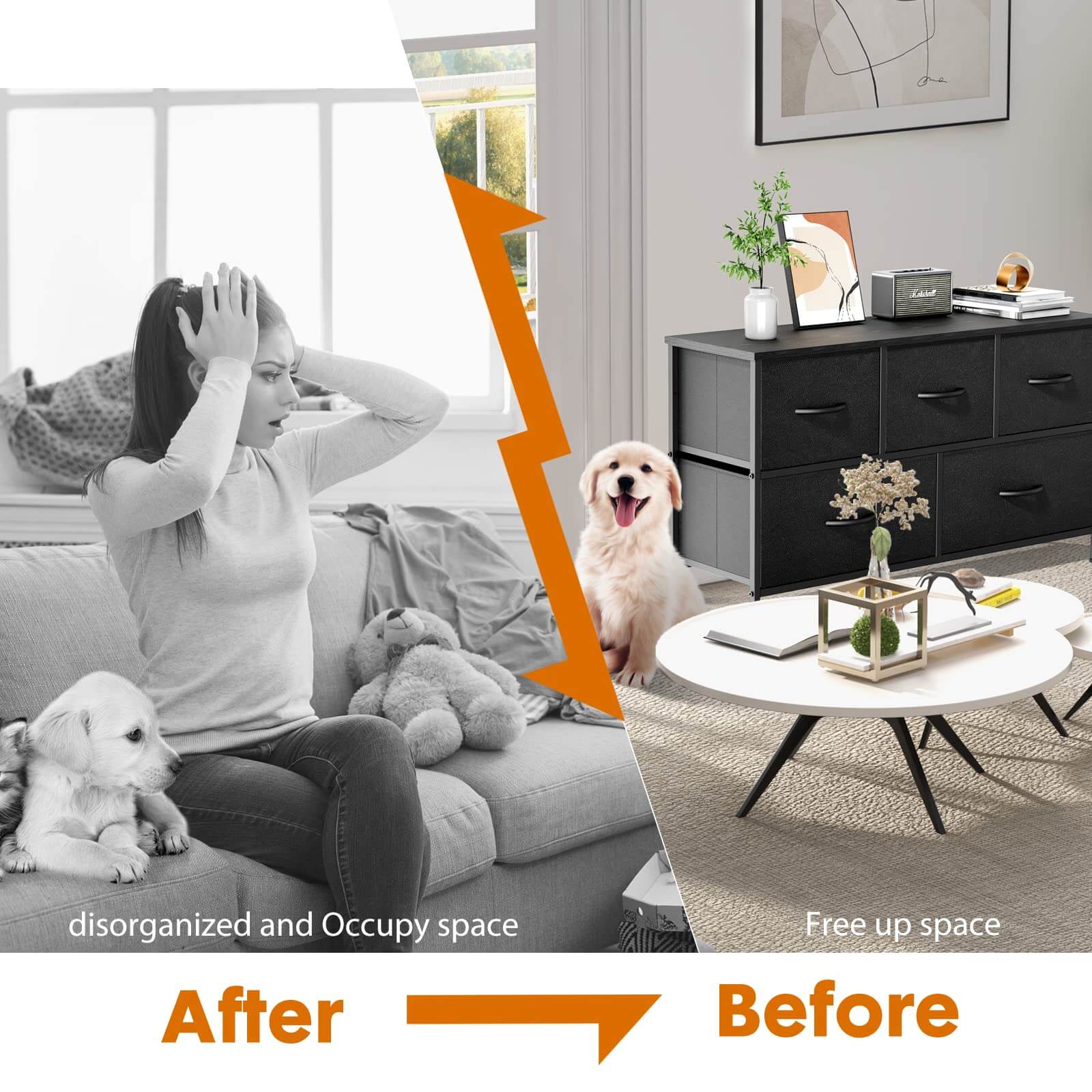 JOYFINITY 38 in 5 Drawers Dresser Chest of Drawers,Metal Frame and Wood Top