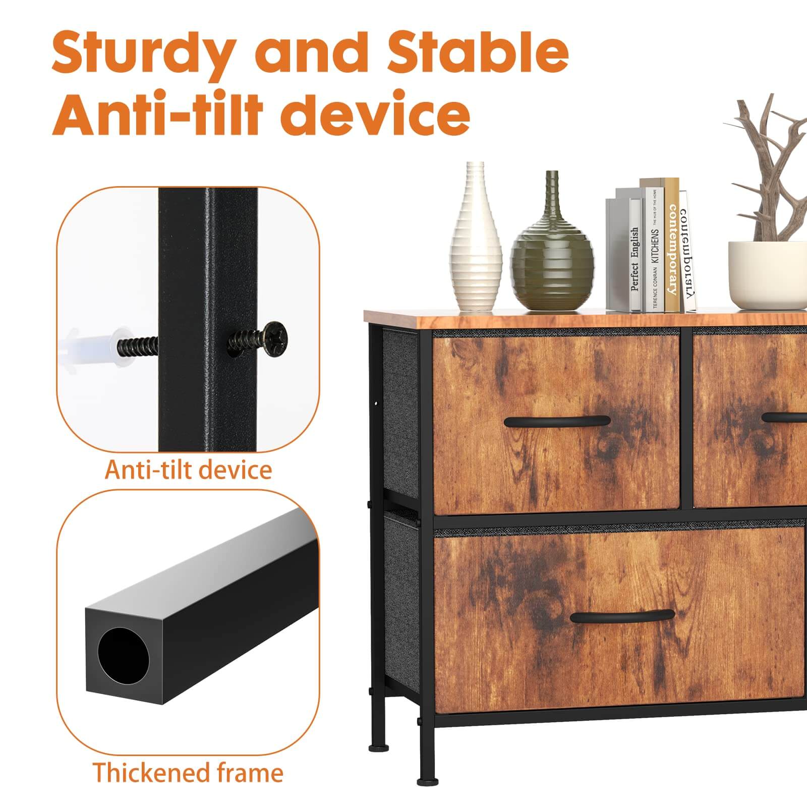 JOYFINITY 38 in 5 Drawers Dresser Chest of Drawers,Metal Frame and Wood Top