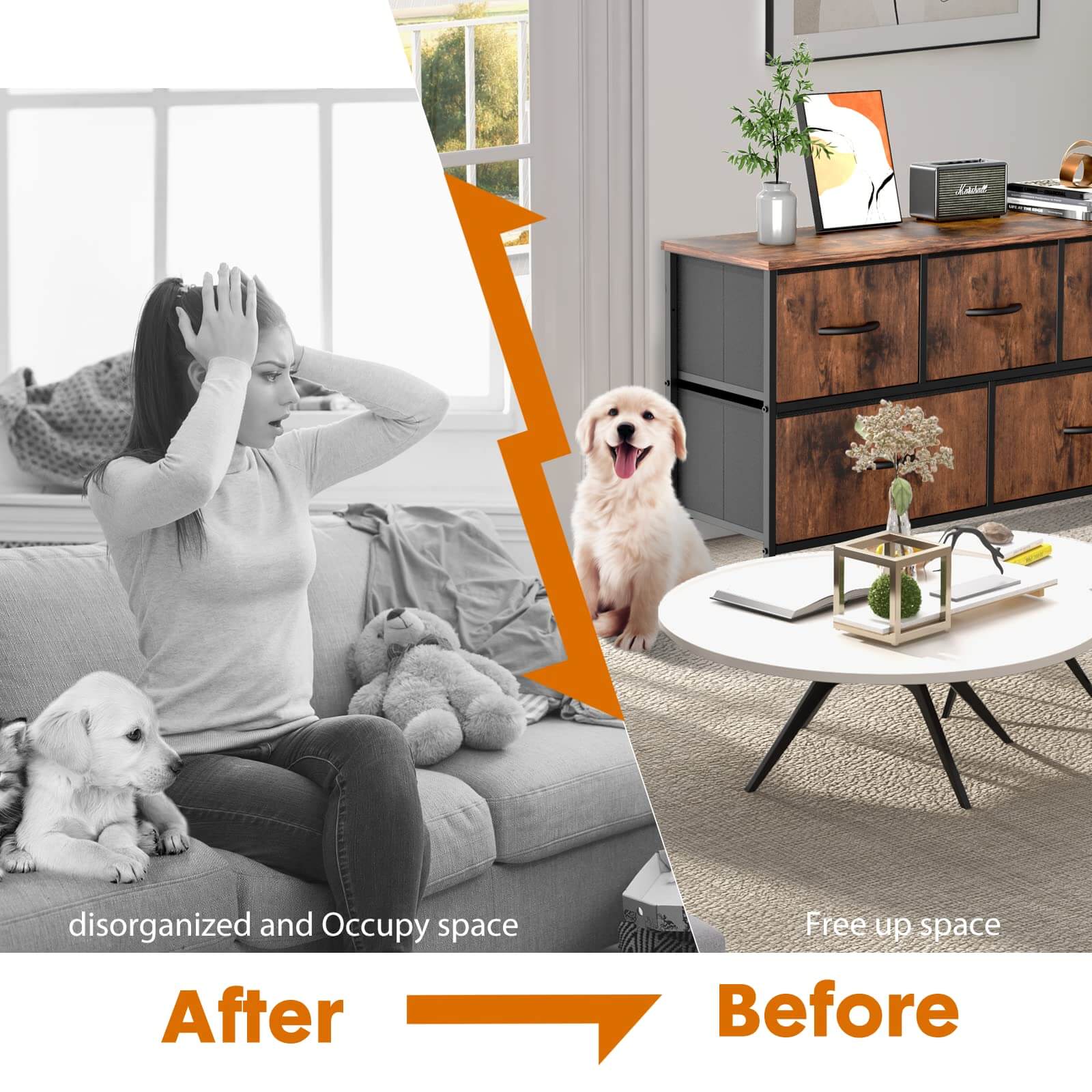 JOYFINITY 38 in 5 Drawers Dresser Chest of Drawers,Metal Frame and Wood Top