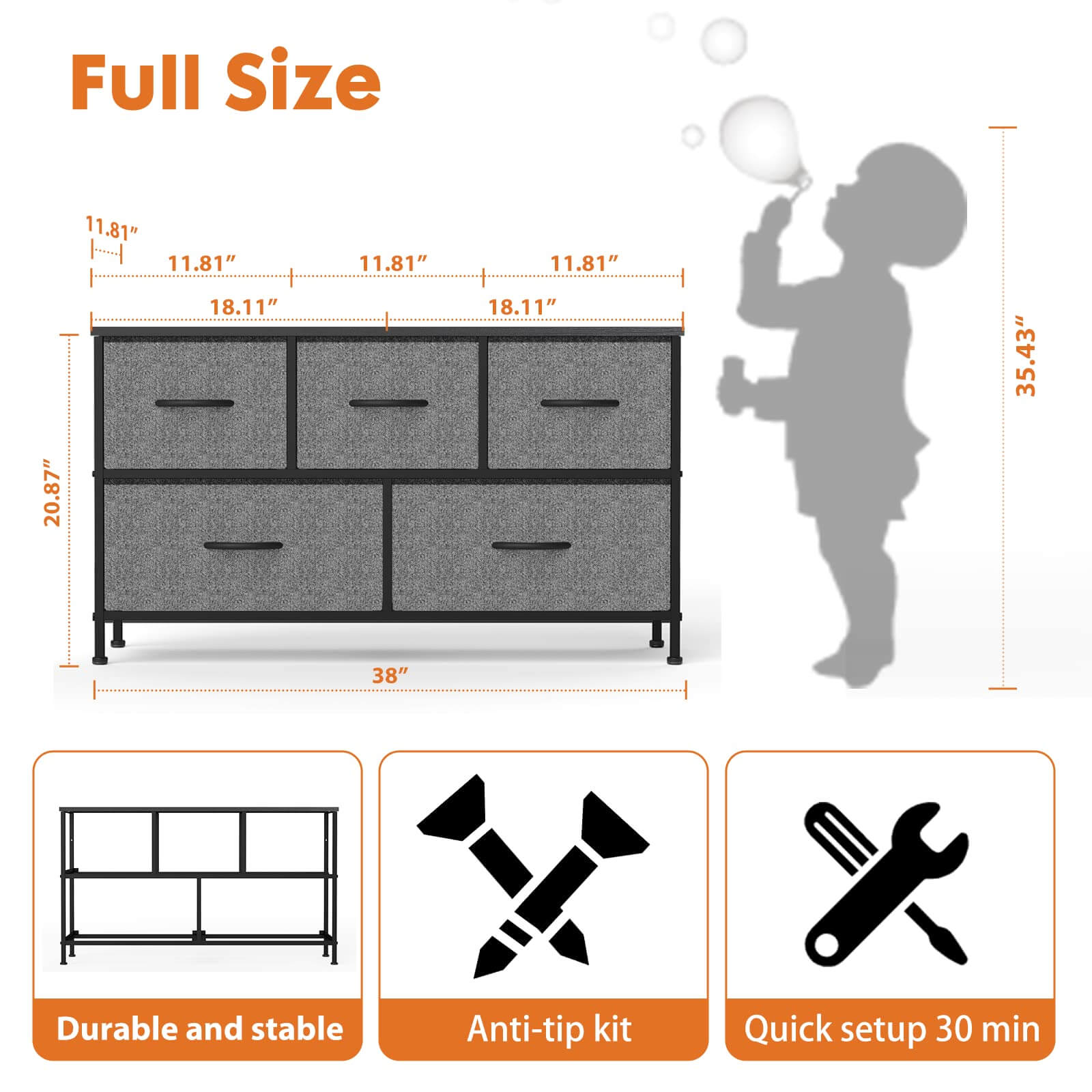 JOYFINITY 38 in 5 Drawers Dresser Chest of Drawers,Metal Frame and Wood Top