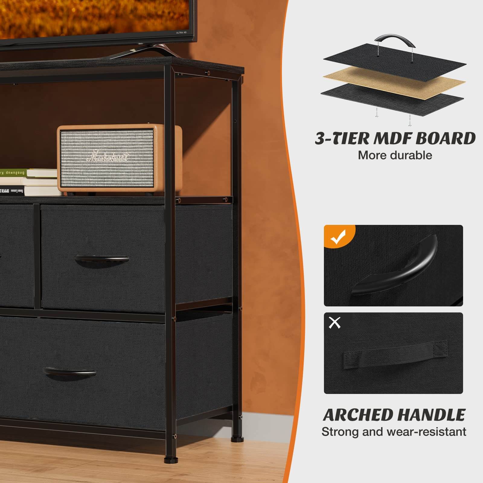 JOYFINITY 38 in Open Storage Shelf TV Stand with 5 Fabric Drawers for Bedroom/Living Room/Hallway