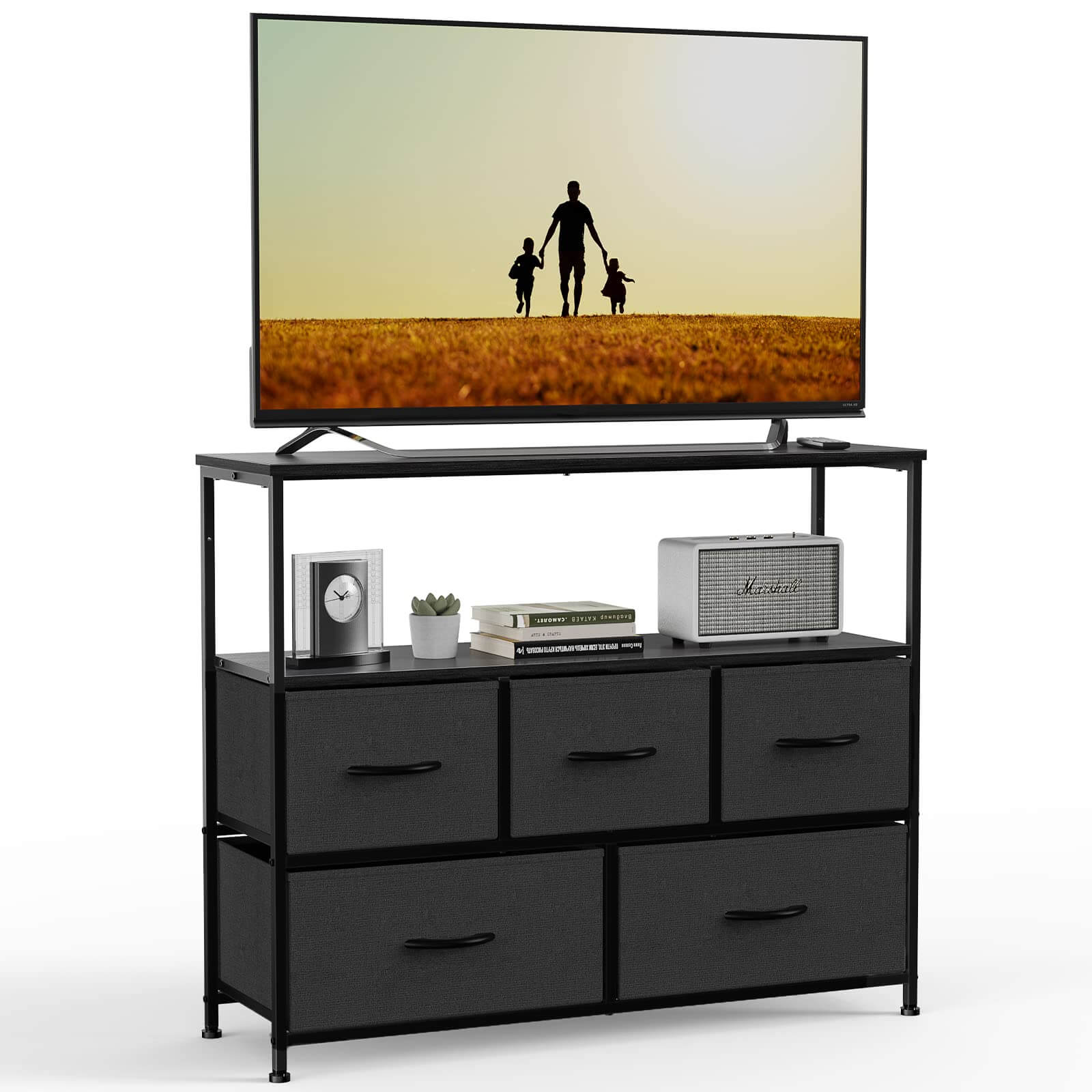 JOYFINITY 38 in Open Storage Shelf TV Stand with 5 Fabric Drawers for Bedroom/Living Room/Hallway