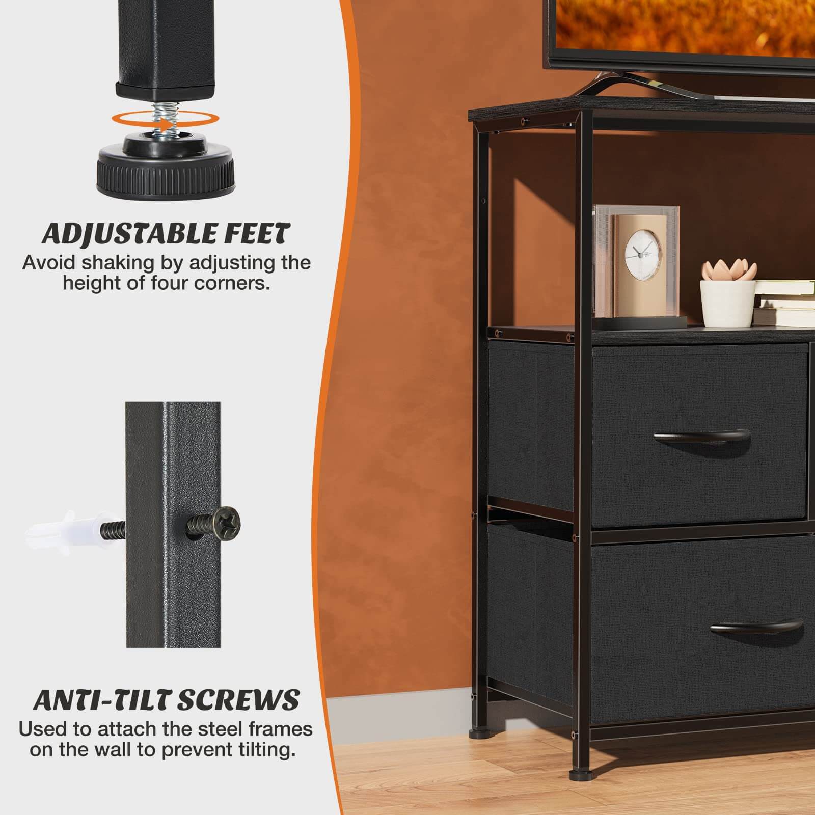 JOYFINITY 38 in Open Storage Shelf TV Stand with 5 Fabric Drawers for Bedroom/Living Room/Hallway