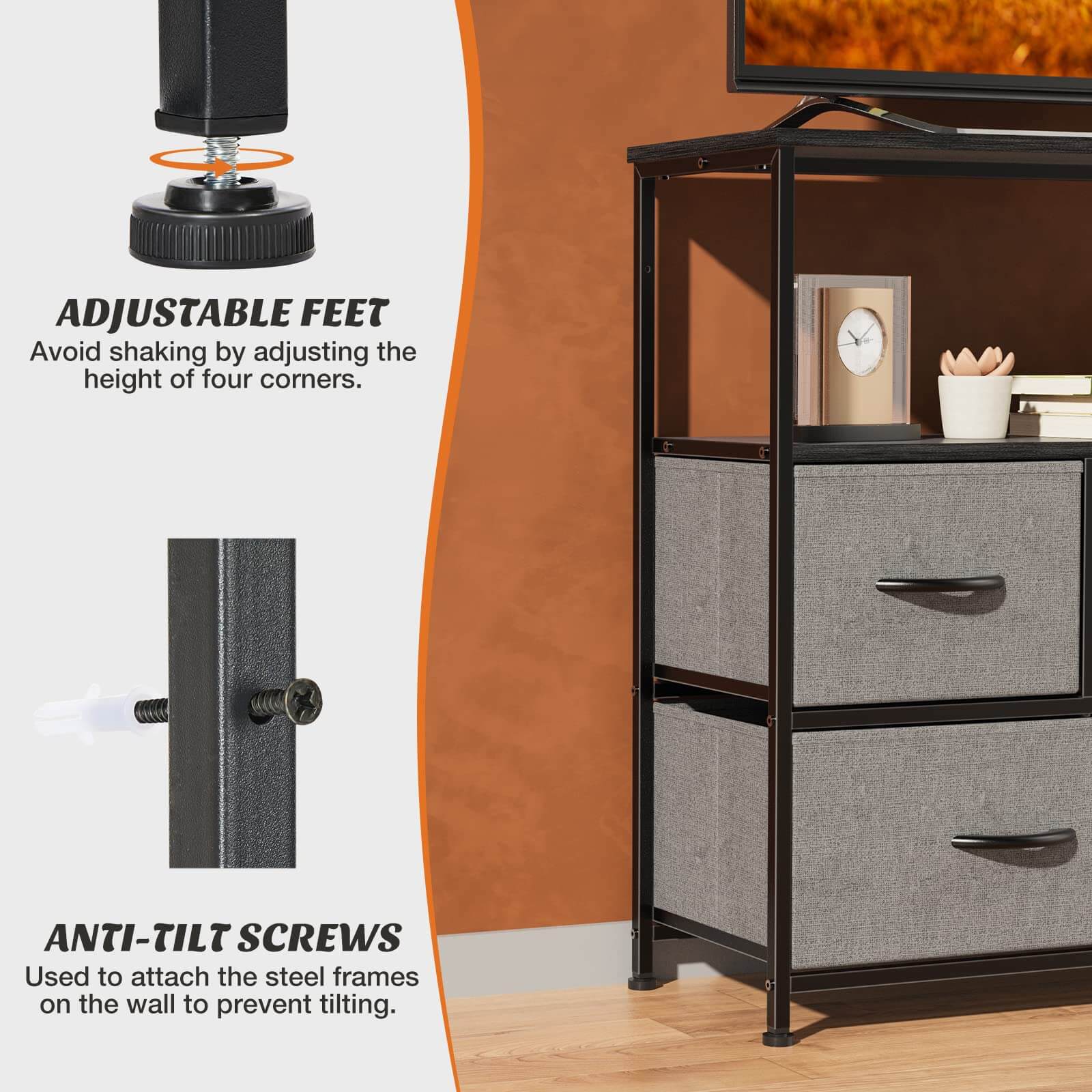 JOYFINITY 38 in Open Storage Shelf TV Stand with 5 Fabric Drawers for Bedroom/Living Room/Hallway