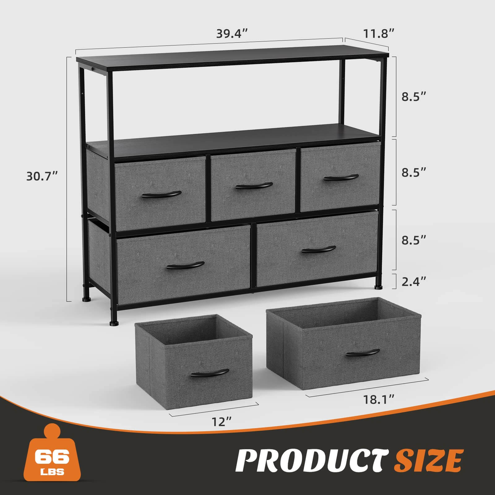 JOYFINITY 38 in Open Storage Shelf TV Stand with 5 Fabric Drawers for Bedroom/Living Room/Hallway