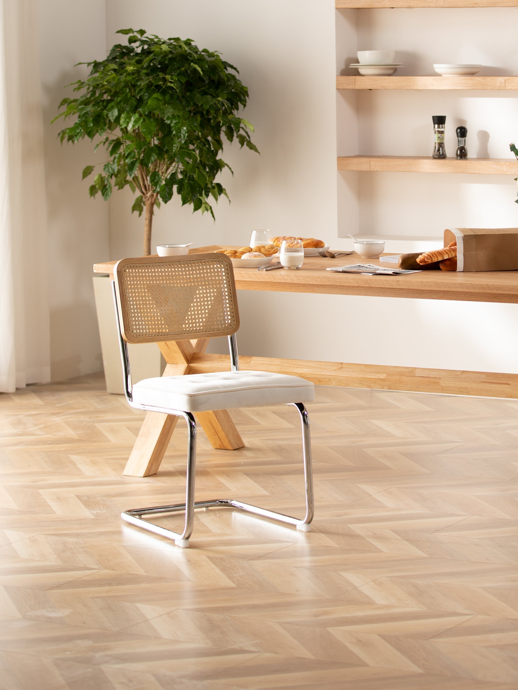 JOYFINITY Mid Century Modern Dining Chairs Set of 2 Armless Rattan Dining Room Kitchen Side Chairs with Metal Chrome Legs and Upholstered Seat for Home Living Room Bedroom