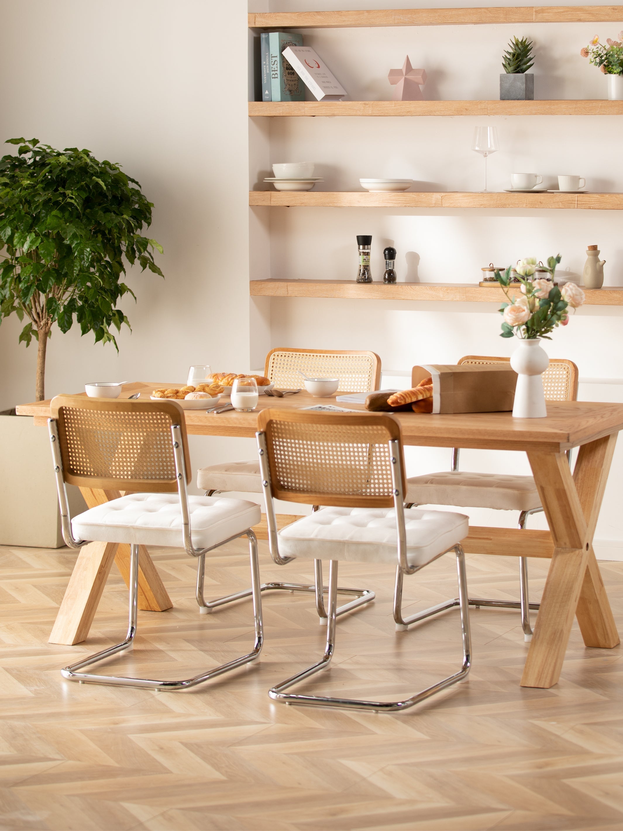 JOYFINITY Mid Century Modern Dining Chairs Set of 2 Armless Rattan Dining Room Kitchen Side Chairs with Metal Chrome Legs and Upholstered Seat for Home Living Room Bedroom