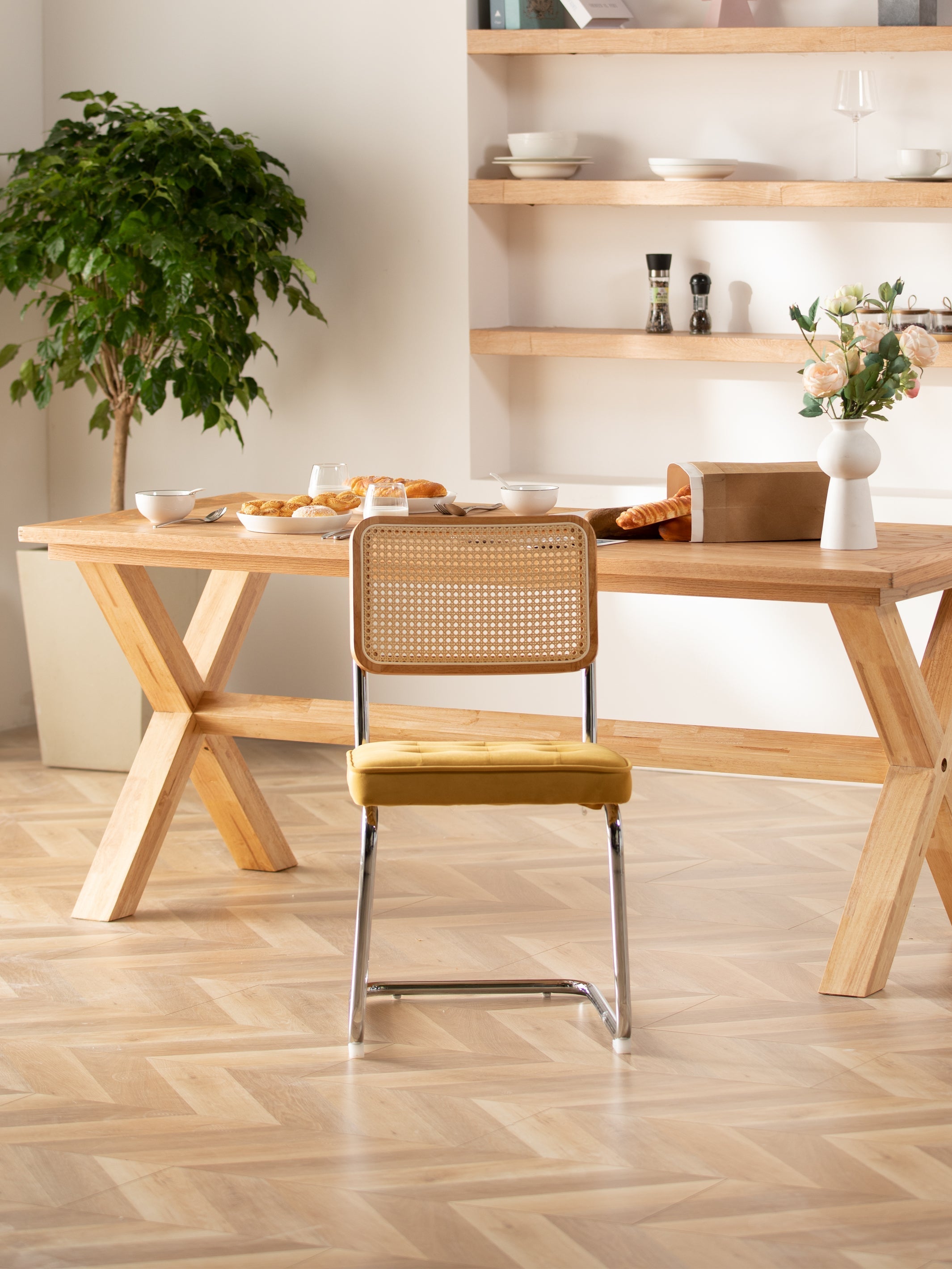 JOYFINITY Mid Century Modern Dining Chairs Set of 2 Armless Rattan Dining Room Kitchen Side Chairs with Metal Chrome Legs and Upholstered Seat for Home Living Room Bedroom