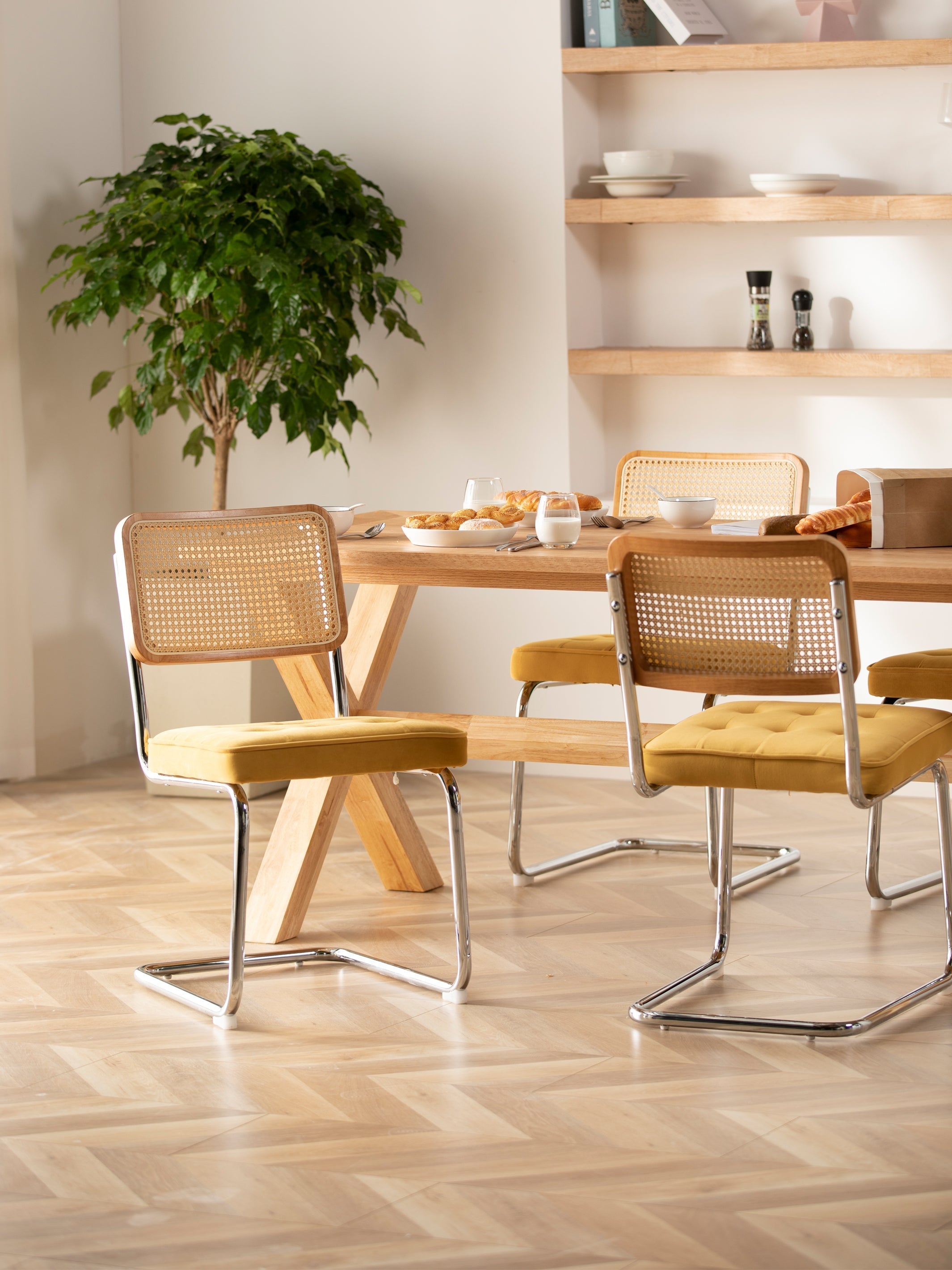 JOYFINITY Mid Century Modern Dining Chairs Set of 2 Armless Rattan Dining Room Kitchen Side Chairs with Metal Chrome Legs and Upholstered Seat for Home Living Room Bedroom