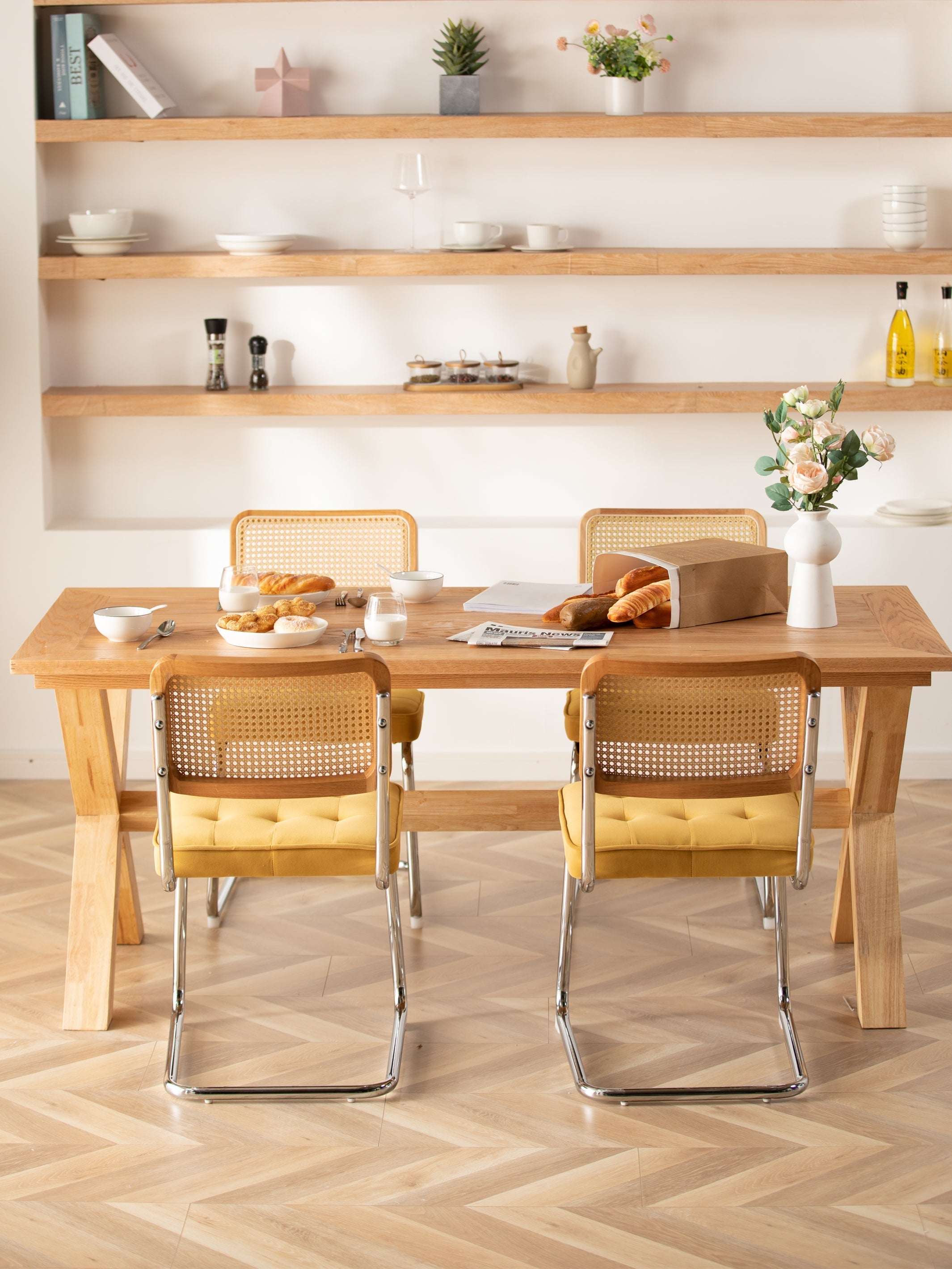 JOYFINITY Mid Century Modern Dining Chairs Set of 2 Armless Rattan Dining Room Kitchen Side Chairs with Metal Chrome Legs and Upholstered Seat for Home Living Room Bedroom