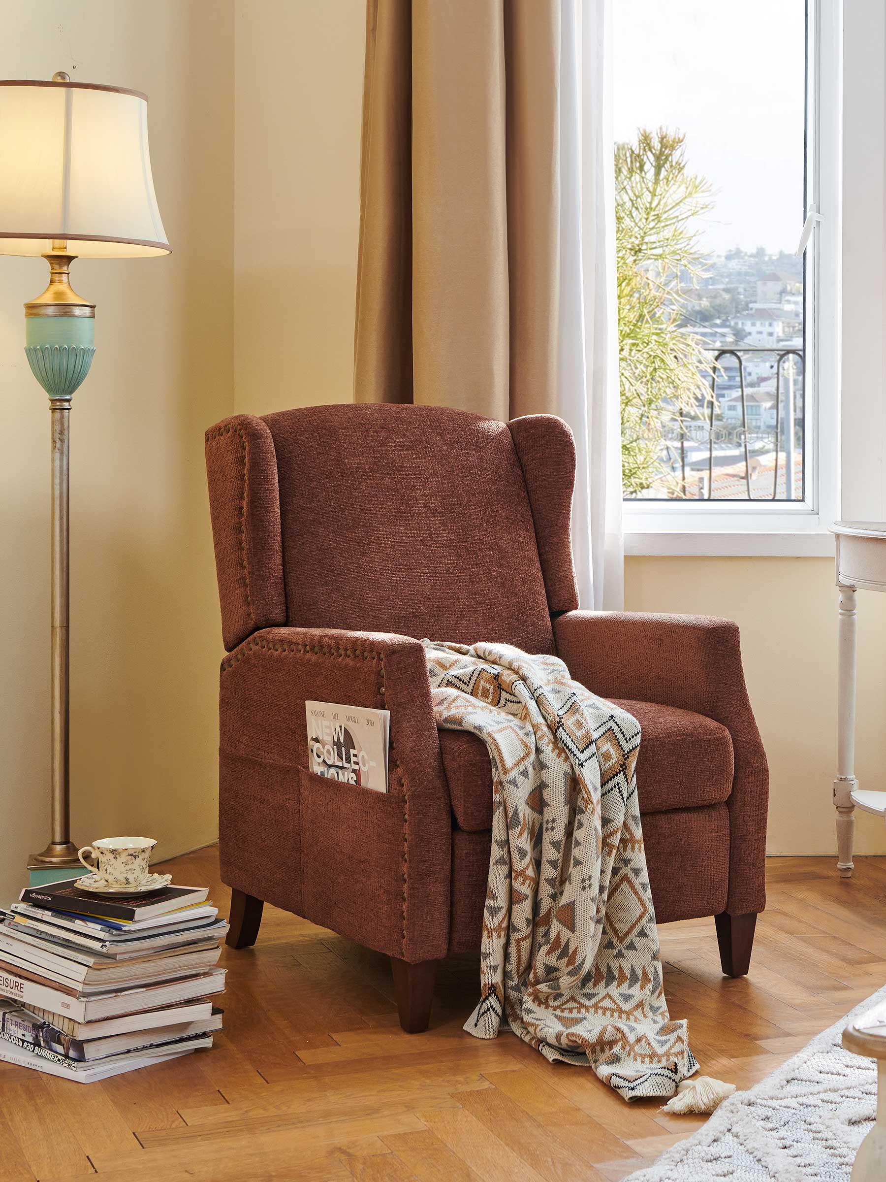 JOYFINITY Wingback Fabric Push Back Recliner with Rivet Detailing