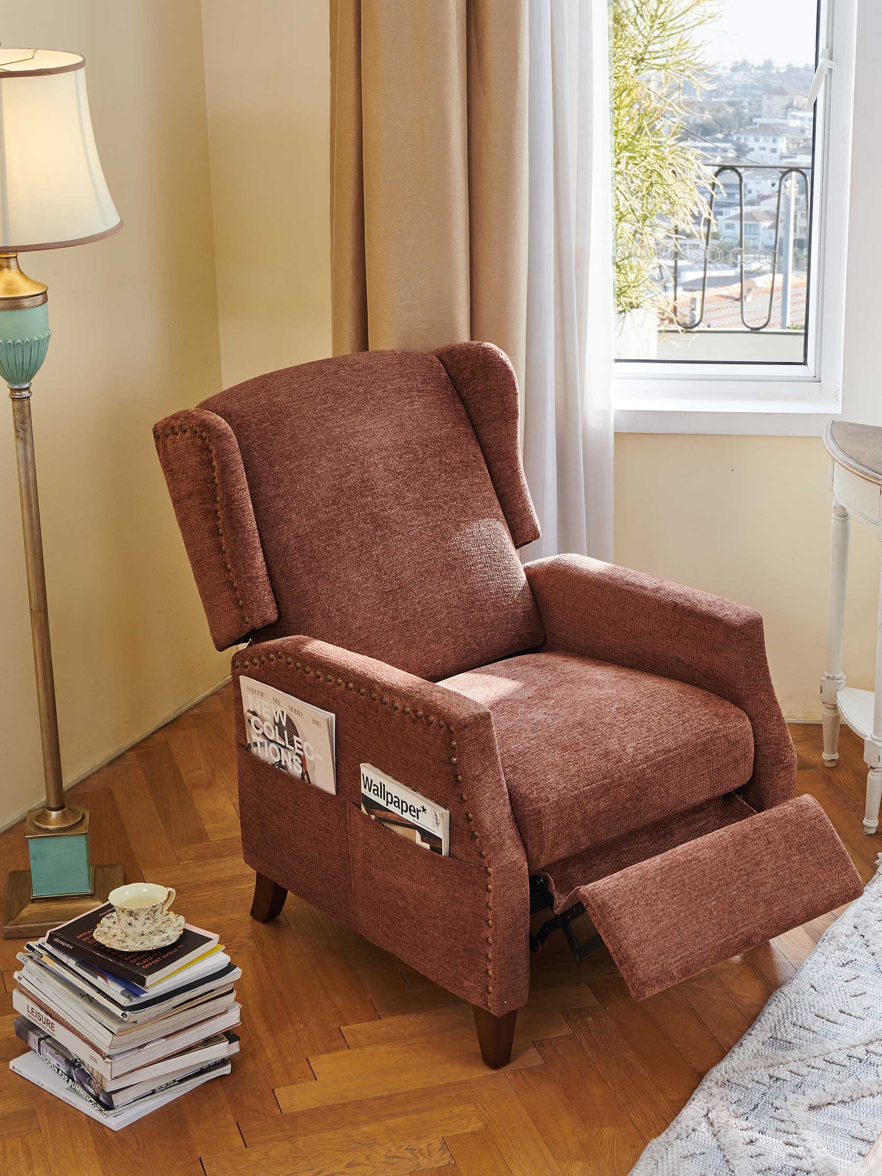 JOYFINITY Wingback Fabric Push Back Recliner with Rivet Detailing