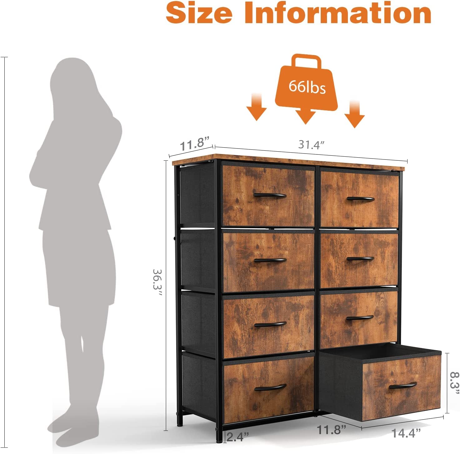 JOYFINITY Tall Dresser Fabric Storage Tower with 8 Fabric Bins Drawers,Wooden Top for Kid Room, Closet, Entryway, Nursery