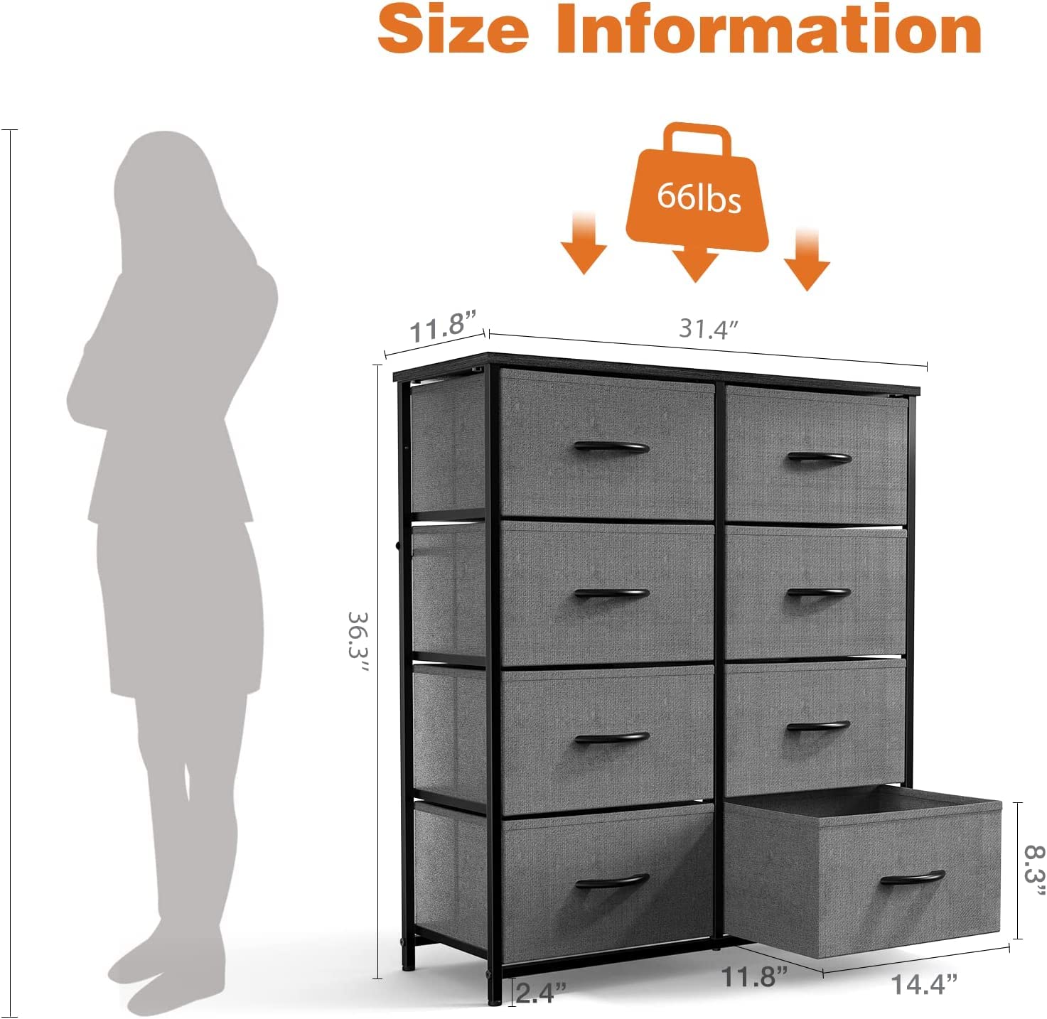 JOYFINITY Tall Dresser Fabric Storage Tower with 8 Fabric Bins Drawers,Wooden Top for Kid Room, Closet, Entryway, Nursery