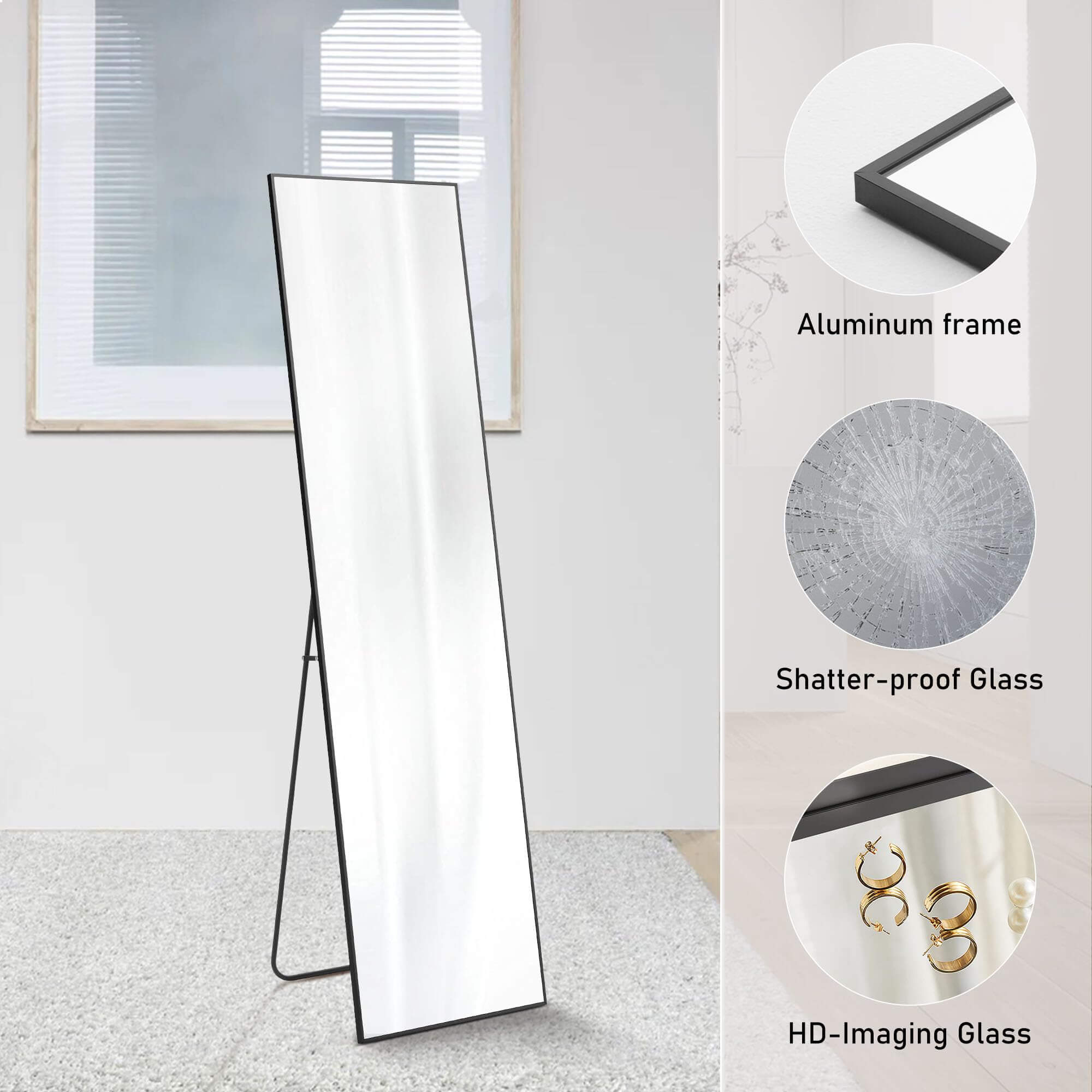 JOYFINITY 64"x 21" Floor Standing Mirror, Wall Mirror with Stand Aluminum Alloy Thin Frame