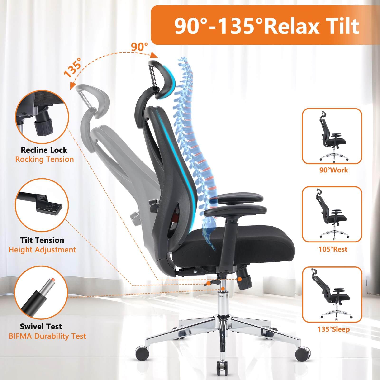 JOYFINITY Ergonomic Office Chair with 2D Armrest Adjustable Lumbar Support & Headrest,135°Tilt Function