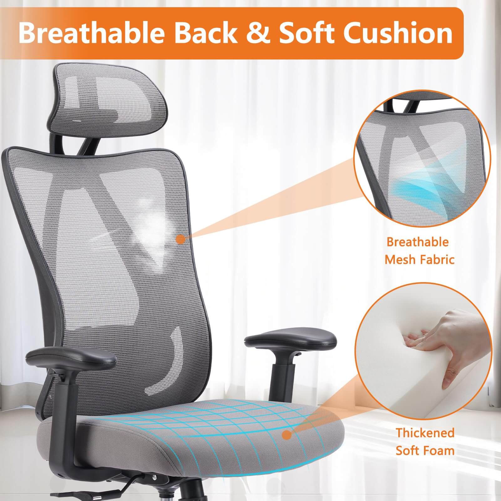 JOYFINITY Ergonomic Office Chair with 2D Armrest Adjustable Lumbar Support & Headrest,135°Tilt Function