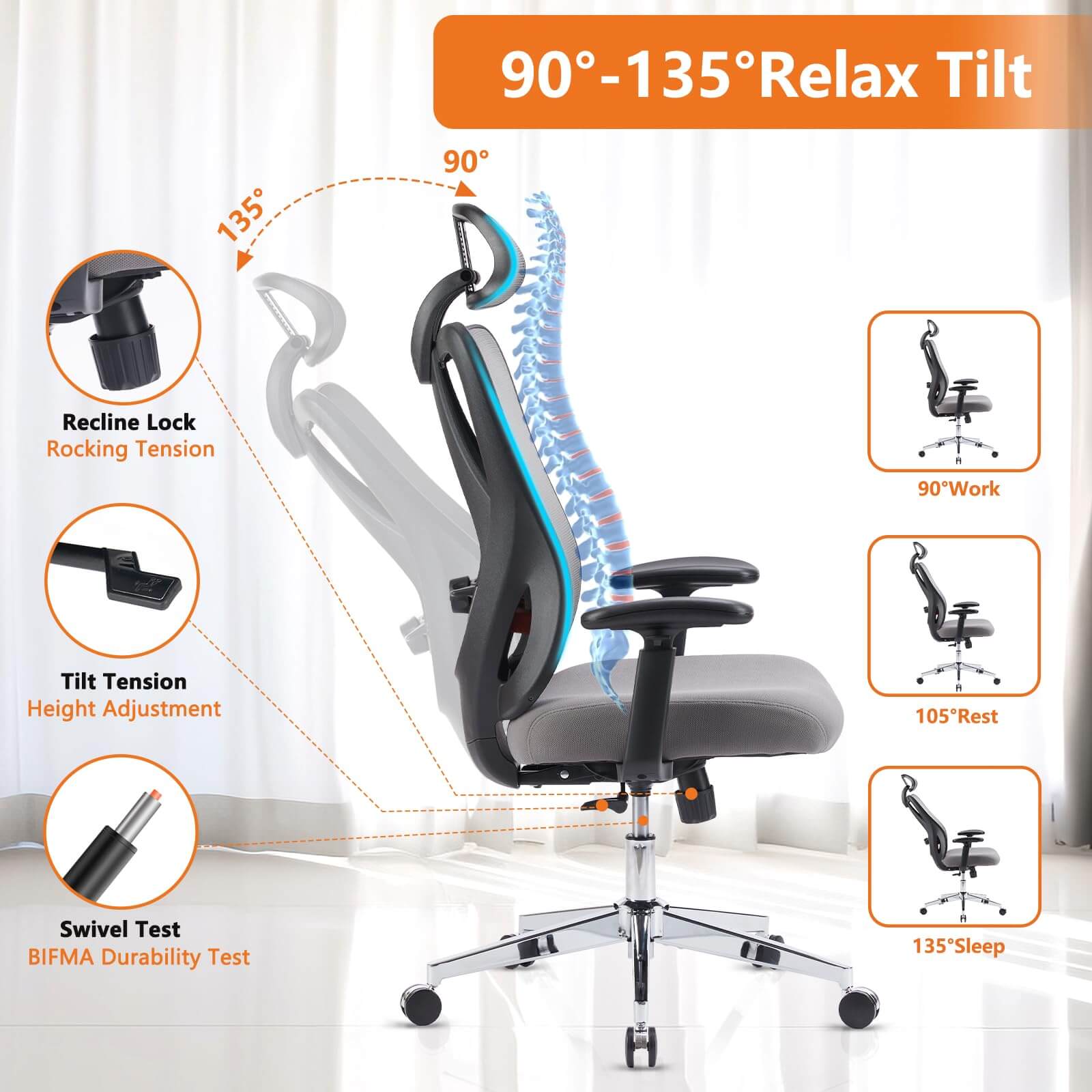 JOYFINITY Ergonomic Office Chair with 2D Armrest Adjustable Lumbar Support & Headrest,135°Tilt Function