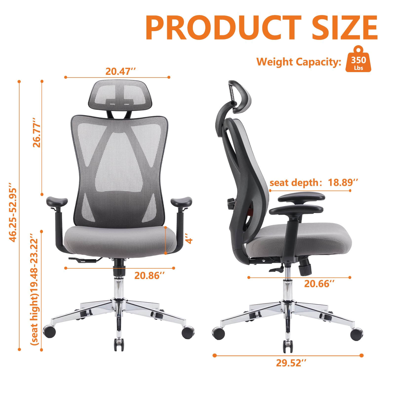 JOYFINITY Ergonomic Office Chair with 2D Armrest Adjustable Lumbar Support & Headrest,135°Tilt Function