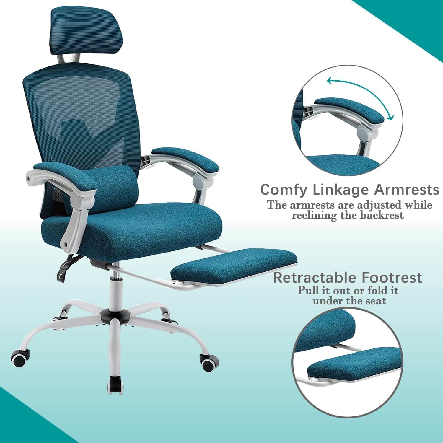 JOYFINITY Retractable Footrest Ergonomic Swivel Office Chair with Lumbar Support Pillow and Padded Armrests