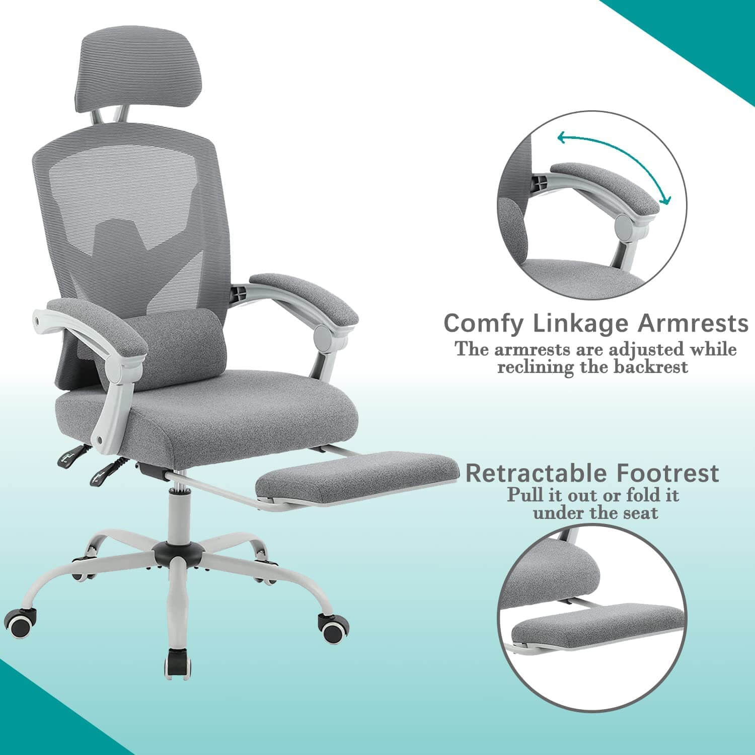 JOYFINITY Retractable Footrest Ergonomic Swivel Office Chair with Lumbar Support Pillow and Padded Armrests
