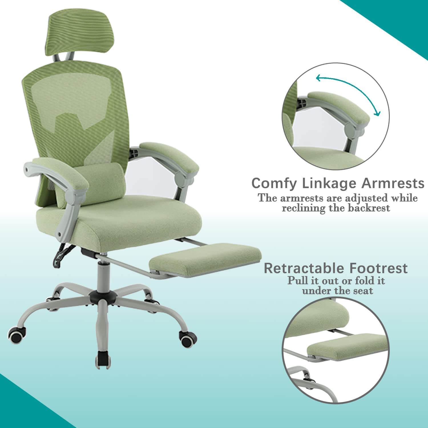 JOYFINITY Retractable Footrest Ergonomic Swivel Office Chair with Lumbar Support Pillow and Padded Armrests